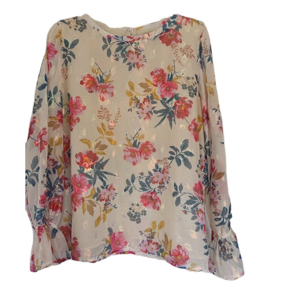 LOFT Floral Metallic Ruffle Bell Sleeve Long Sleeve Blouse Cream Pink Gold Large